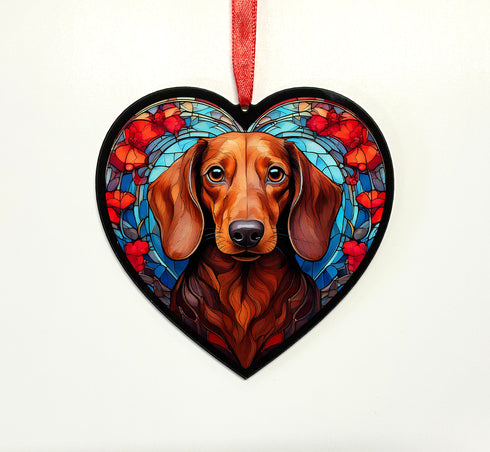 Dachshund Red Stained Glass Effect Heart Suncatcher